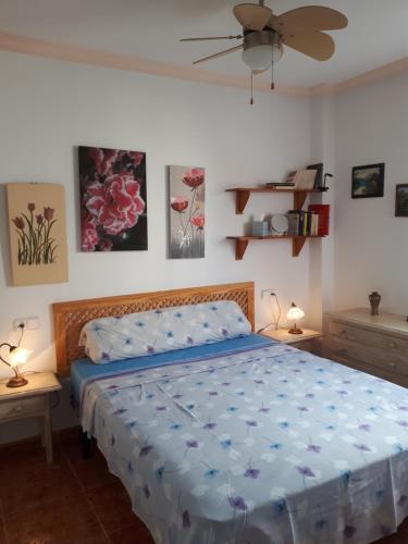 1 dormitorio con 1 cama con edredón azul en Apartment Puerto Rey, en Vera