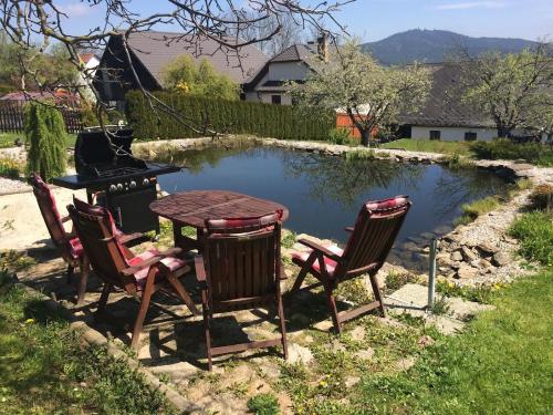 a table and chairs next to a pond at Stylová chalupa na kraji národního parku Šumava in Strunkov