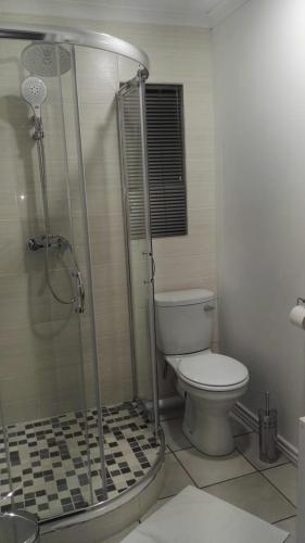 a bathroom with a toilet and a glass shower at Dankbaar in Bloemfontein
