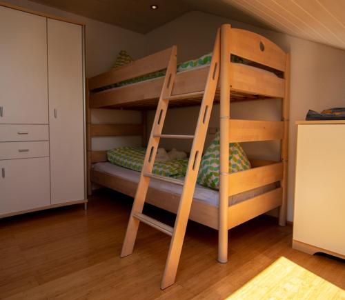 バーリンゲンにあるFerienwohnung Lochenblickの二段ベッド1組(はしご付)が備わる客室です。