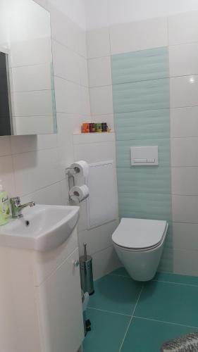 a bathroom with a white toilet and a sink at Apartament ULA in Mikołajki
