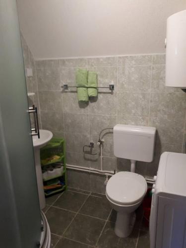 a bathroom with a white toilet and a sink at House SUN Z&B in Žabljak