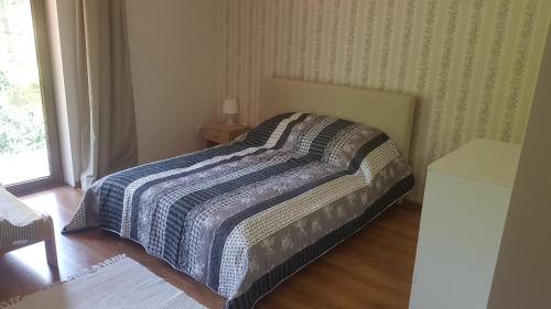 a bedroom with a bed with a striped blanket on it at Bujaków, apartamenty Zdrojowa 58a in Bujaków