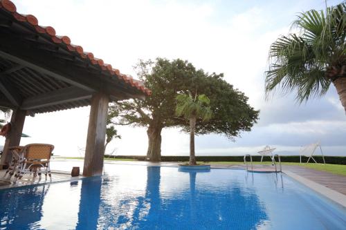 a swimming pool with palm trees in the background at Kagoshima Sunamushionsen Ibusuki Hakusuikan in Ibusuki