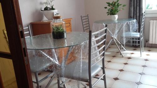 une table en verre avec une bouteille et une plante sur celle-ci dans l'établissement A La Bonne Adresse, à La Fresnais