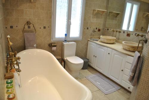 e bagno con vasca, servizi igienici e lavandino. di Villa QUINISSOLE a Sainte-Anastasie-sur-Issole