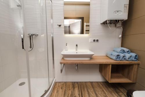 a bathroom with a sink and a shower at Rosa Apartamenty in Dąbki