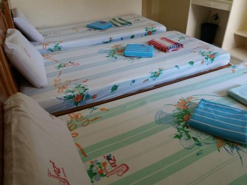 2 camas individuales con flores pintadas en ellas en Eco Pension, en Surigao