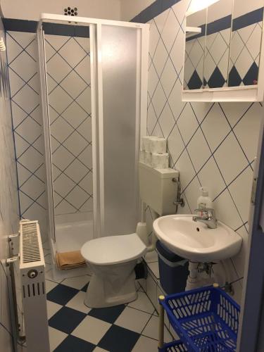 a bathroom with a toilet and a sink at Zita Haus in Bük