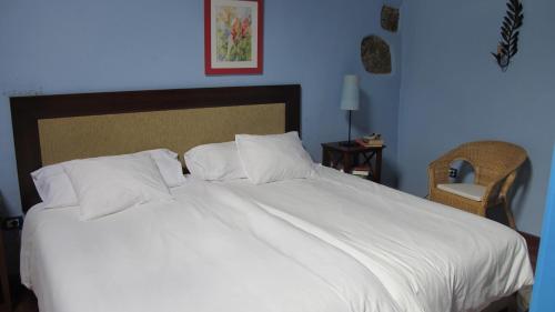 a large white bed with white pillows and a blue wall at Haciendas del Valle - Las Kentias in Valle de Guerra