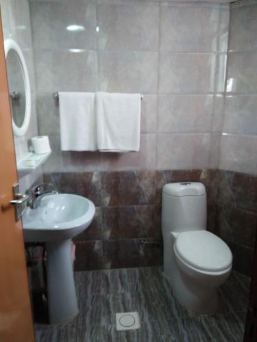 a bathroom with a toilet and a sink at Emirates Plaza Hotel in Ajman 