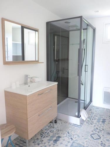 サン・メロワール・デ・ゾンドにあるLe Clos Bel Airのバスルーム(シャワー、シンク、鏡付)