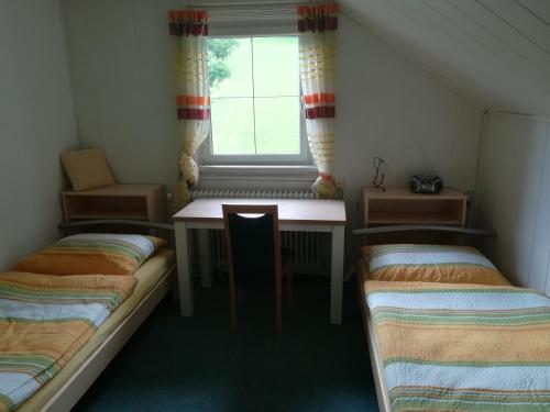 Habitación con 2 camas, escritorio y ventana. en Haus Elisabeth, en Aigen im Ennstal