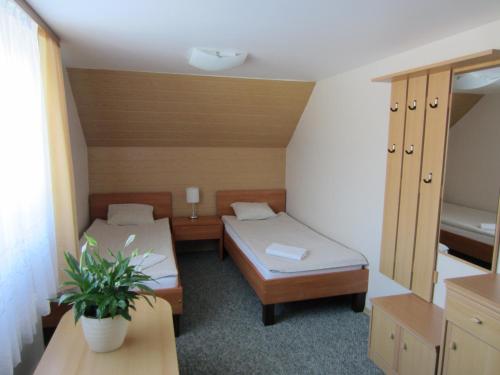 a small room with two beds and a plant at Hostel Livonija in Sigulda