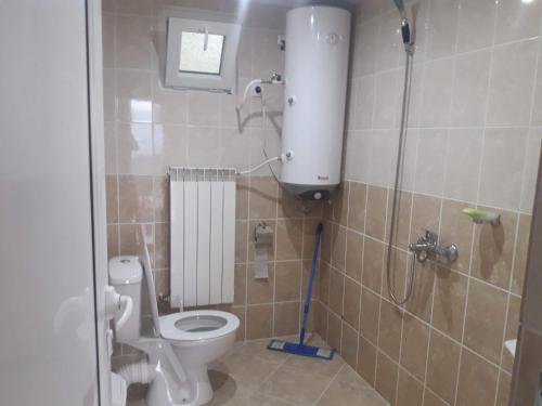 a bathroom with a toilet and a shower at Къща за гости Чала in Chala