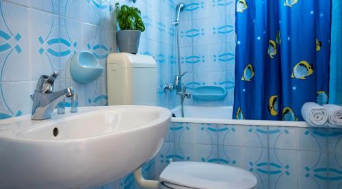 a bathroom with a sink and a toilet and a shower at Apartmani Lučica in Mimice