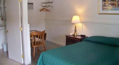 een slaapkamer met een groen bed en een tafel met een lamp bij Mount Whittier Motel in Center Ossipee