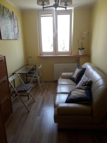 a living room with a leather couch and two windows at Apartament Czwarte Piętro in Świecie
