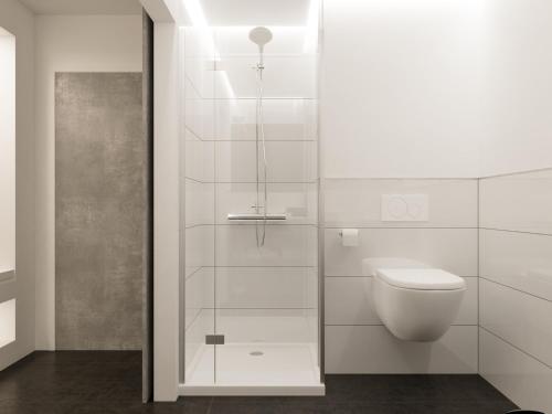 a bathroom with a toilet and a glass shower at smartel at The Unbrexit in Ahaus