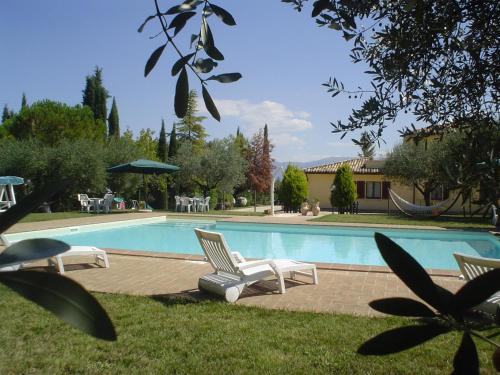 basen z 2 leżakami obok niego w obiekcie Agriturismo Gabellette w mieście Montefalco