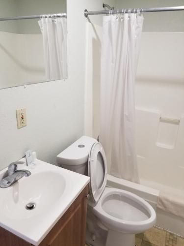 a bathroom with a toilet and a sink and a shower at Budget Inn And Suites Eagan in Eagan