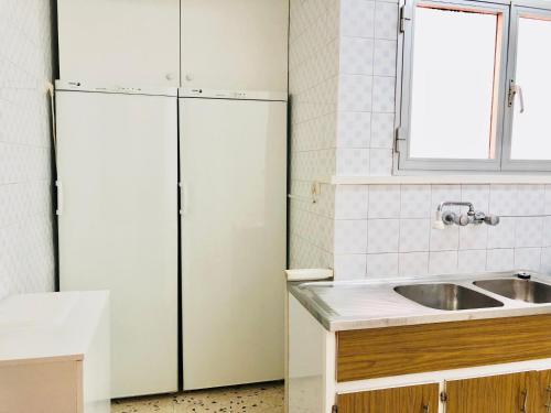 eine Küche mit einer Spüle und einem Kühlschrank in der Unterkunft LLOTJA - Apartamento en la playa y el centro de Roses in Roses