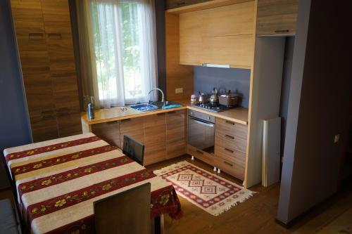a small kitchen with wooden cabinets and a sink at HOTEL Dadu in Batumi
