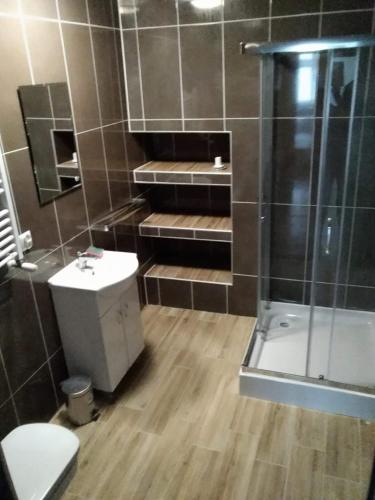 e bagno con doccia, servizi igienici e lavandino. di Apartamenty Górskie LĄDEK-ZDRÓJ a Lądek-Zdrój