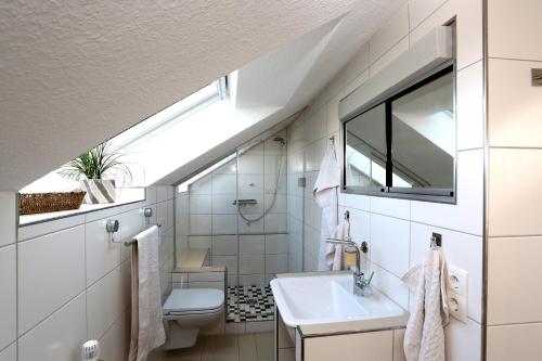 uma casa de banho com um lavatório e um WC em Vechteblick em Schüttorf