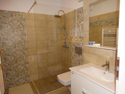 uma casa de banho com um chuveiro, um WC e um lavatório. em Oni Venus Apartament em Cluj-Napoca