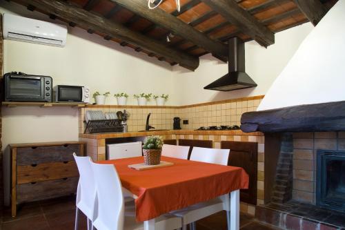 een keuken met een tafel en een open haard bij Mas Tomas in Vall-Llobrega