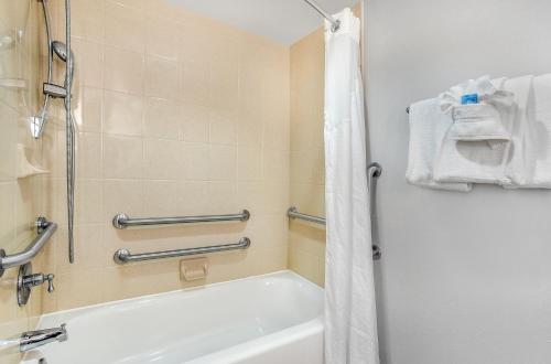 ein Bad mit einer Badewanne und einer Dusche mit einem Duschvorhang in der Unterkunft Holiday Inn Express & Suites Morristown, an IHG Hotel in Morristown