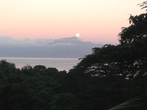 a sunset over the ocean with trees in the foreground at La Villa Te Fetia Nui Moorea in Teavaro