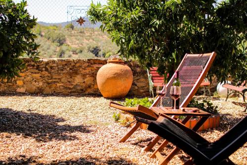 a chair and a vase sitting in a yard at Casa rural Llana 12 in Guadalupe