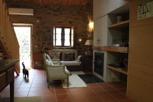 a living room with a fireplace and a dog in it at Casa de l Bárrio in Picote