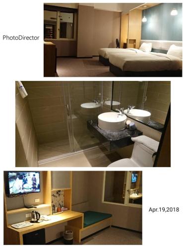 two pictures of a bathroom with two sinks and a bedroom at Kenting City Gate Hotel in Hengchun