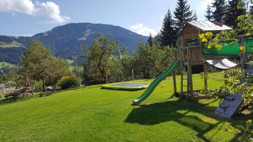 a playground with a slide in a grass field at Oberseebachhof in Scheffau am Wilden Kaiser