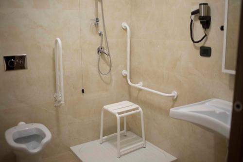 a bathroom with a shower and a toilet and a sink at Hotel Palazzo Salerno in Roggiano Gravina