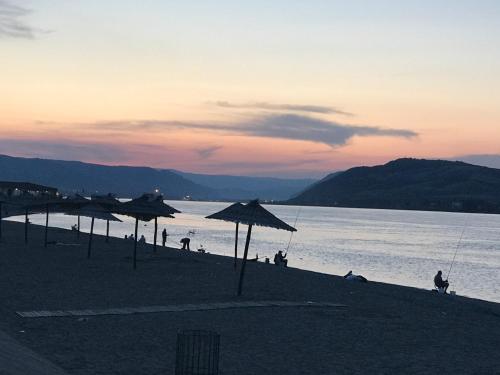 a beach with umbrellas and people on the beach at Villa Mina Kladovo, 5-Bedroom Villa with Pool for up to 12 People in Kladovo