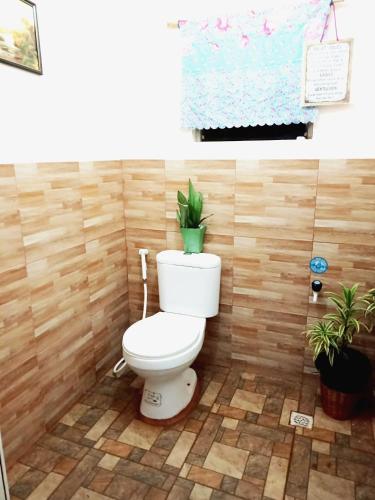 a bathroom with a toilet with a plant on it at Bolo Beach Santorini nearby to Hundred Island in Alaminos