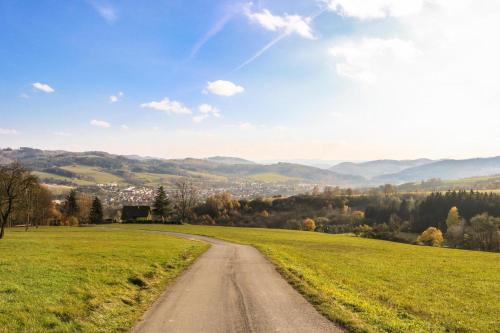 a dirt road in the middle of a field at Ubytování Na prženských pasekách in Mikulŭvka