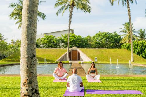 three people sitting in a yoga pose in front of a pond at The Blue Water - Geoffrey Bawa Heritage Resort Hotel in Wadduwa