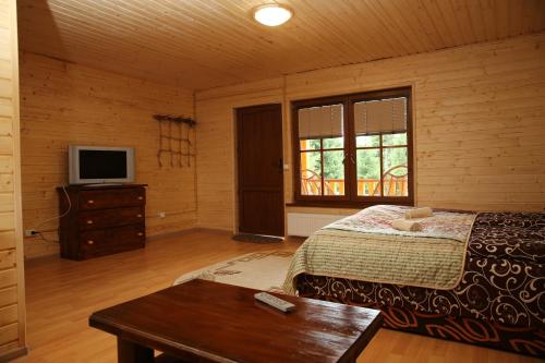 Schlafzimmer mit einem Bett, einem TV und einem Tisch in der Unterkunft Zarinok in Pilipets