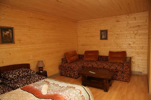 a room with two beds and a couch in a cabin at Zarinok in Pilipets