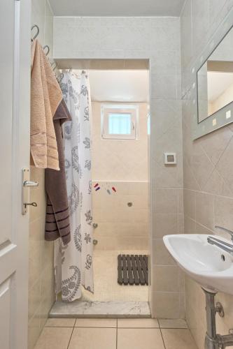 a bathroom with a shower and a sink at Wellness apartman Kaiser in Pula