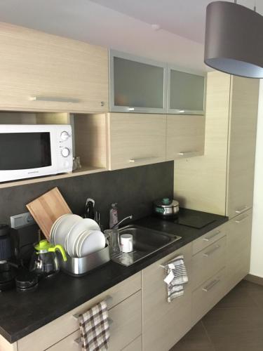 eine Küche mit einer Spüle und einer Mikrowelle in der Unterkunft Laza Vendégház in Zamárdi