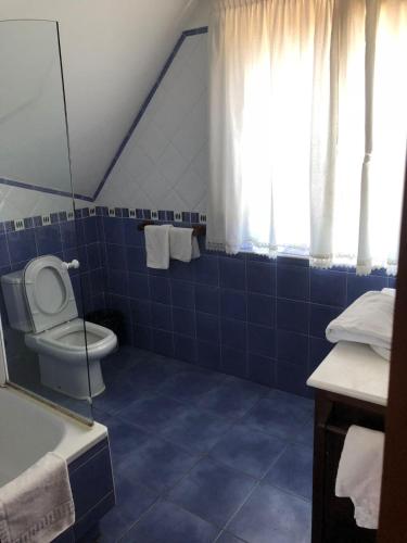 Baño de azulejos azules con aseo y lavamanos en La Mies del Marqués en Santoña