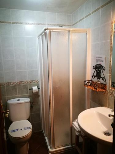 a bathroom with a shower and a toilet and a sink at Hostal Hueso in Trujillo