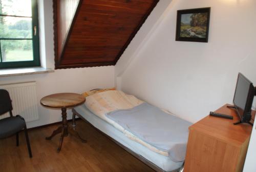a small room with a bed and a table at Motel Warmiaki Bed&breakfast in Jadów