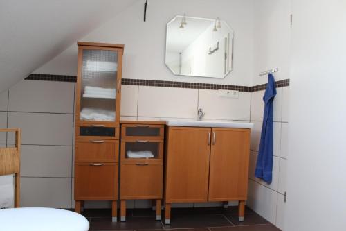 een kleine keuken met een wastafel en een spiegel bij Alpaca-Village in Lauterbach